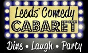 Leeds Comedy CABARET written in black on a gold background, with lightbulb flashes around it.