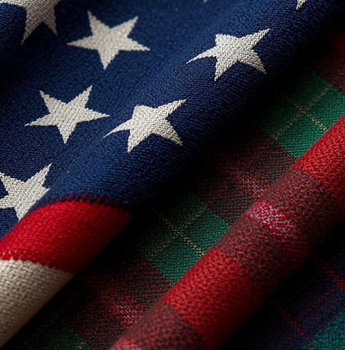 Depiction of American Flag merging into tartan fabric