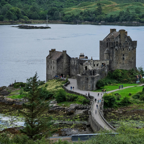 Scottish Castle with background of sea and hills