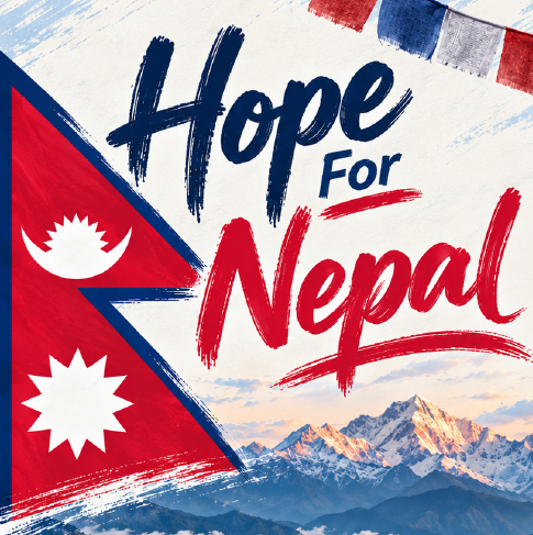 Nepalese flag with Hope for Nepal written and mountainous background