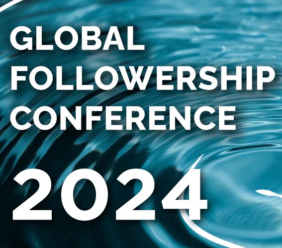 Water background with white text in the foreground which reads Global Followership Conference 2024