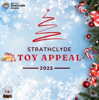 Strathclyde Toy Appeal 2025 logo which includes university crest and festive images