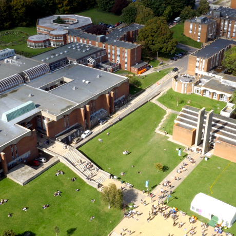 Aerial shot of University of Sussex, including Language Learning Centre