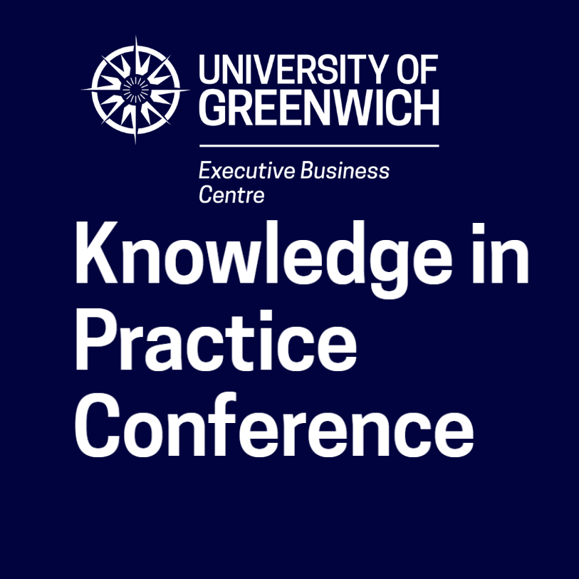 Knowledge in Practice Conference in white writing on navy background with UoG logo