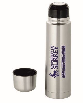 Vacuum flask, including integrated cup, with the University of Surrey and School of Veterinary Medicine logos