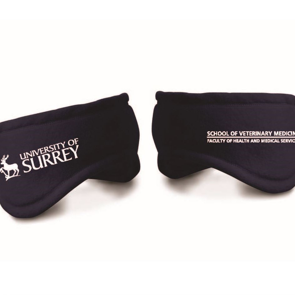 Dark blue fleece headband with ear warmers, printed on the front in white with the University of Surrey and School of Veterinary Medicine logos