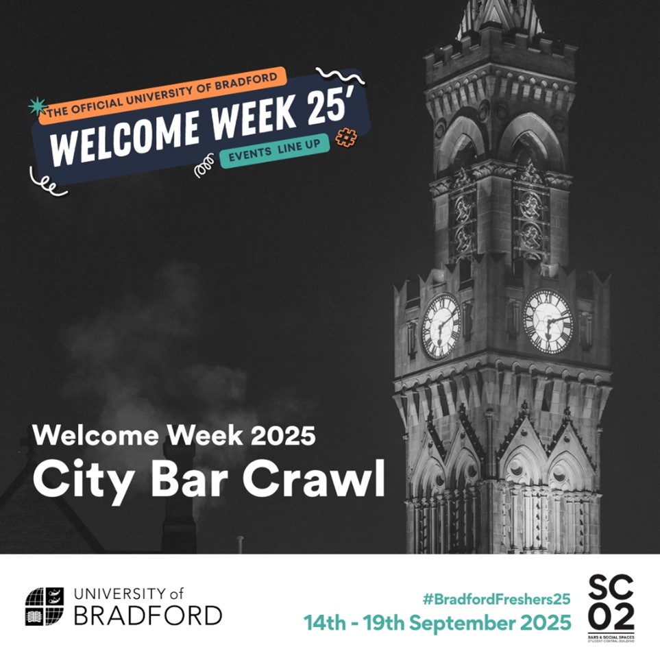black & white City Bar Crawl poster depicting Bradford Town Hall clock