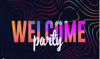 welcome party typed in bright colours on a black background