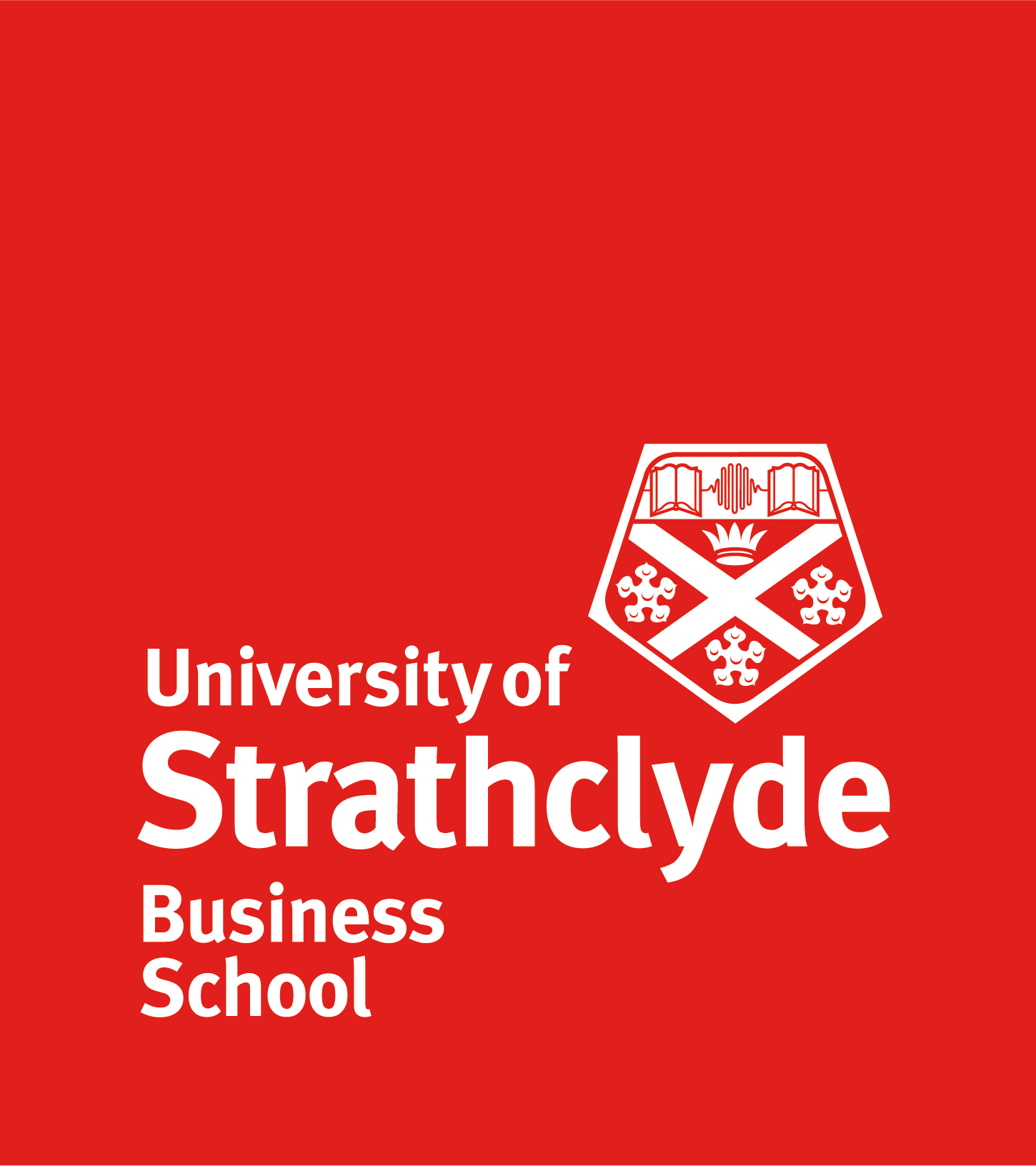 red background with white university logo and university of strathclyde business school written in white text