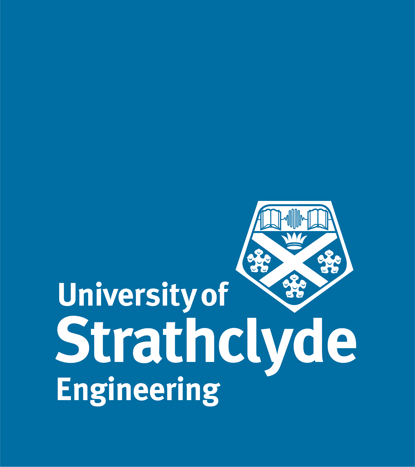 Blue background with white text and Strathclyde badge.  Text reads University of Strathclyde Engineering