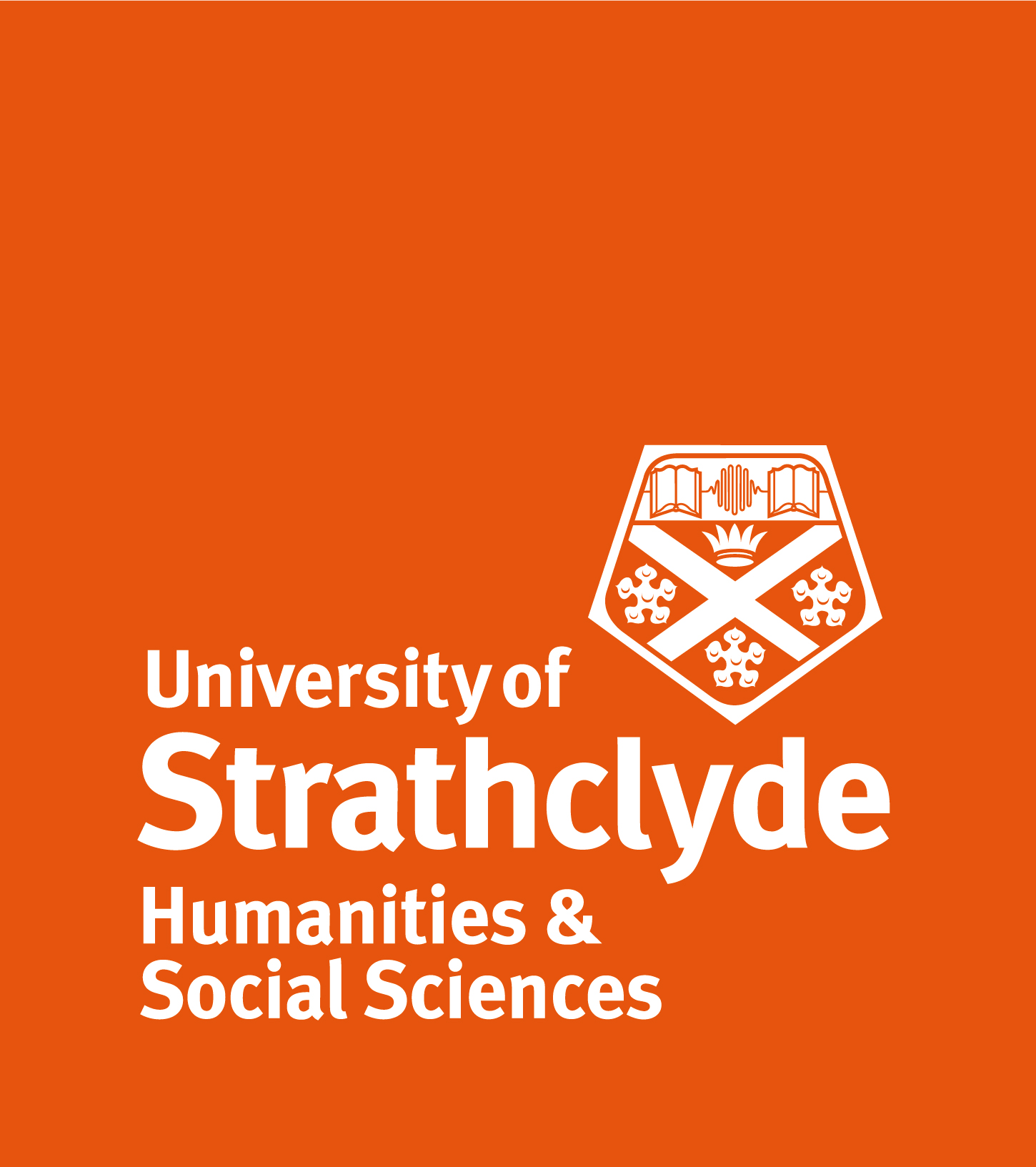 Orange background with university logo and University of Strathclyde HASS written in white text