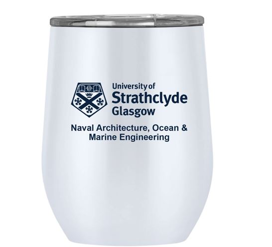 white eco cup with blue text which read University of Strathclyde Glasgow NAOME