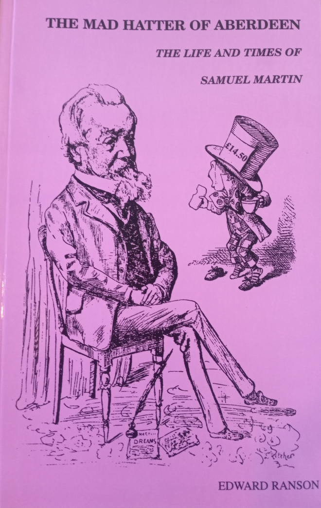 Drawing of a seated Samuel Martin beside Lewis Carroll's The Mad Hatter