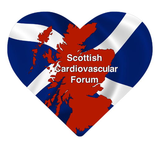 Scottish Cardiovascular Forum logo. A Heart shaped Scotland flag, with a red map of Scotland on top.