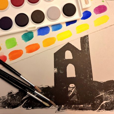 Linocut with watercolour and chine collé