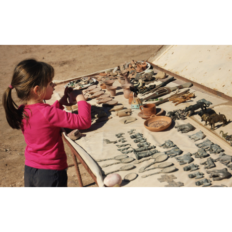 Young girl in pink top looking at archeological items