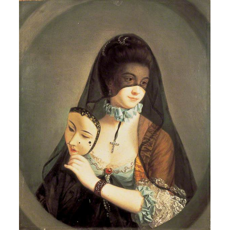 Old fashioned picture of woman holding a mask