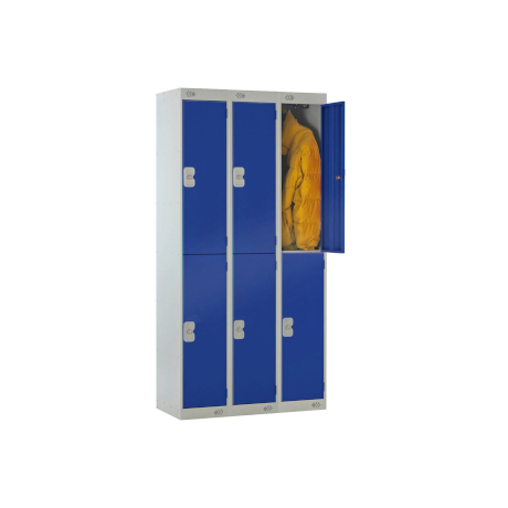 yellow jacket hanging in a blue locker