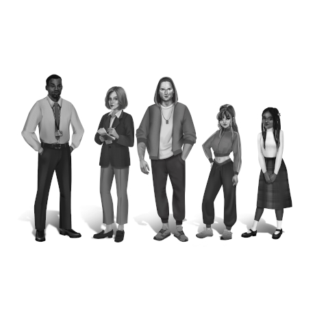 Black and white cartoon image of 5 people (2 men, 1 woman and 2 girls)