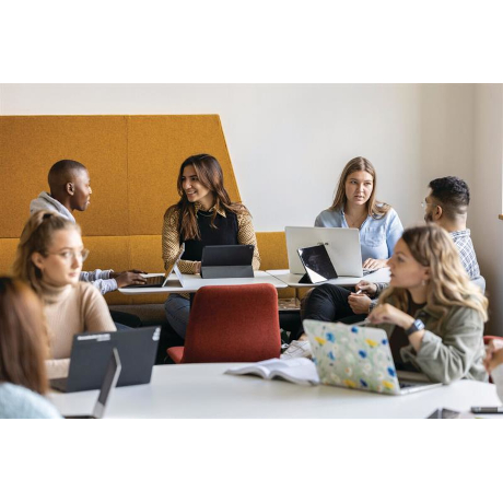 Various people sitting at desks having a discussion