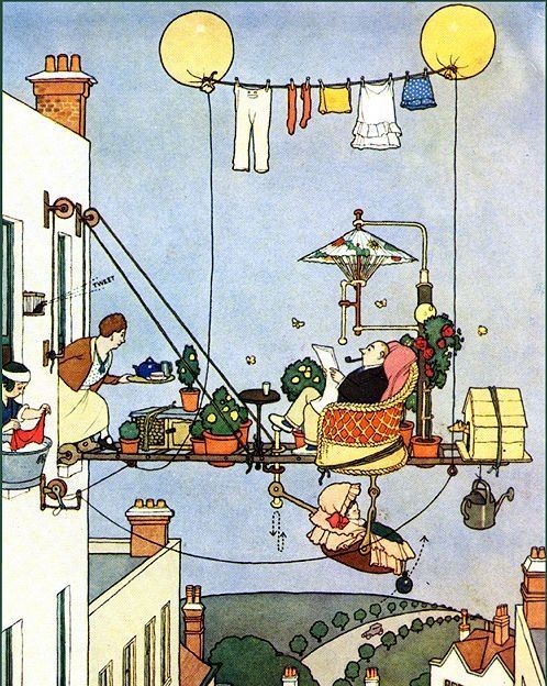 Cartoon, showing a flying machine, with different inventions hanging off it.