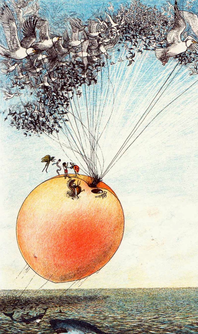 The giant peach, with James and the other creatures on top.