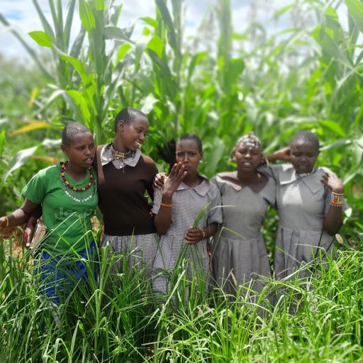 5 school girls stood in a green kitchen garden with arms around each other
