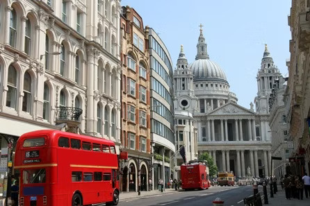 Picture of London, Whitehall and red buses.