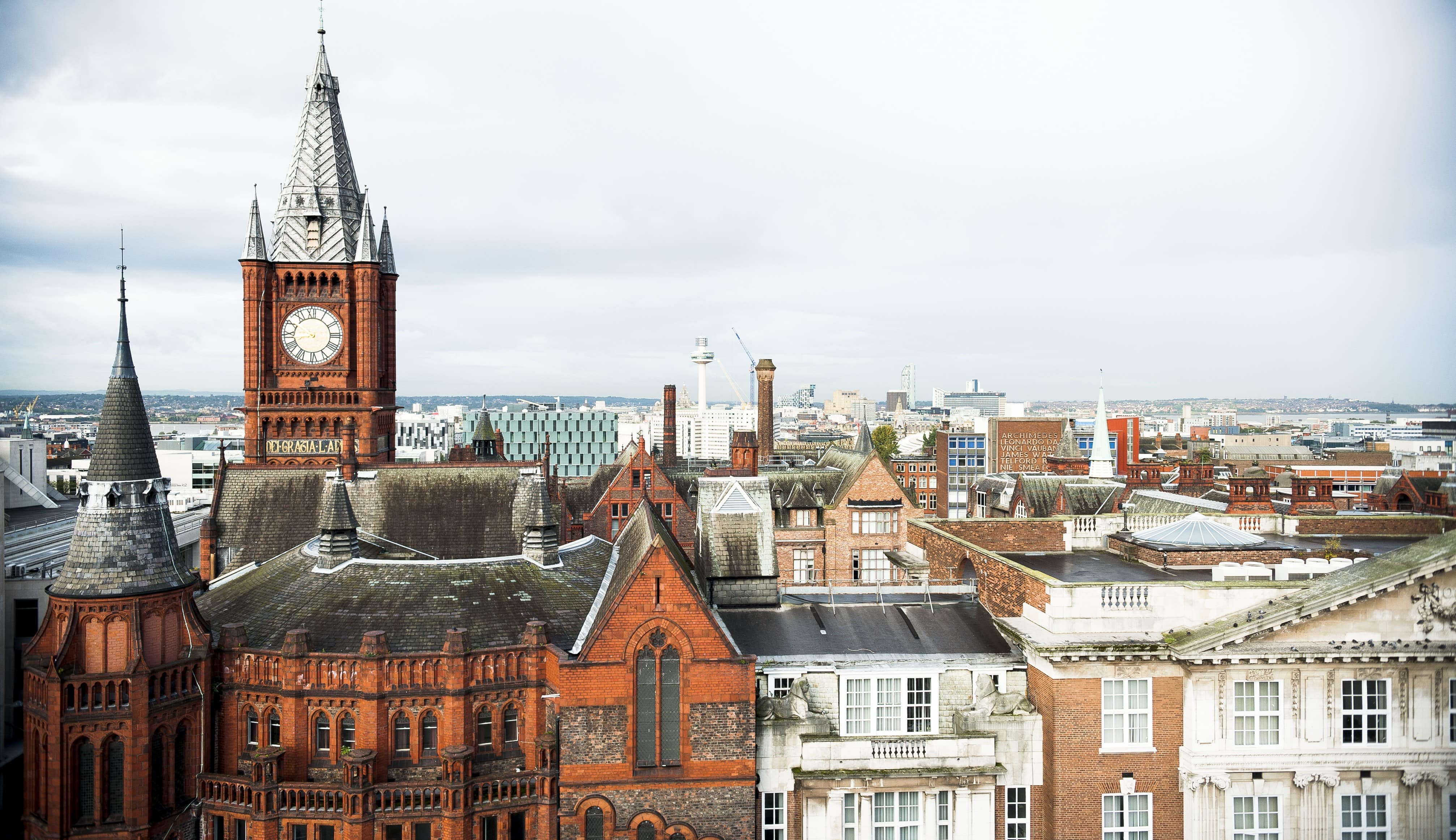 View of Victoria Gallery & Museum within the city of Liverpool skyline from campus