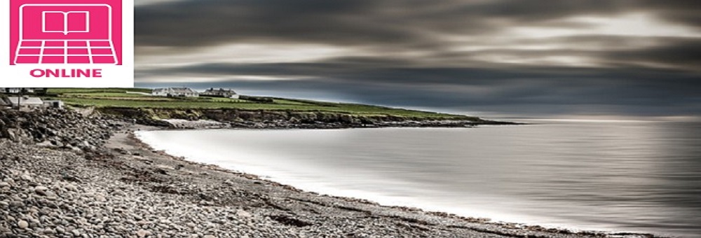 Pebble beach with an Irish landscape beyond