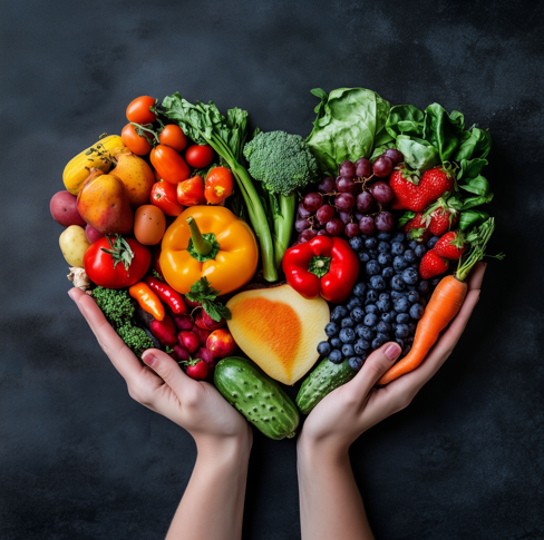 Hands with fresh fruit and vegetables in heart shape