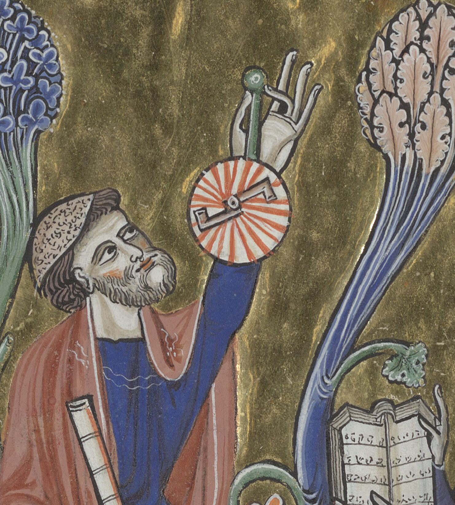 Colourful Medieval image of a man holding aloft a device