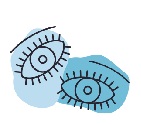 A pale blue eye with eyelesahes sits on top of another at a jaunty angle