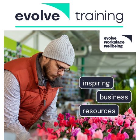 The Evolve training logo over a picture of a young man in a gilet and grey woollen hat, tending to cyclamen plants