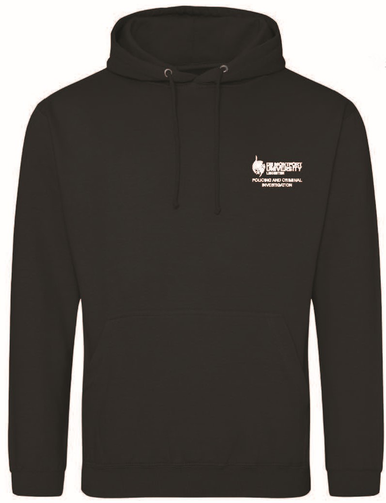 Black Hoodie with with writing over left breast and middle of back