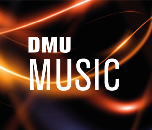 DMU Music logo with orange and black swirl graphic