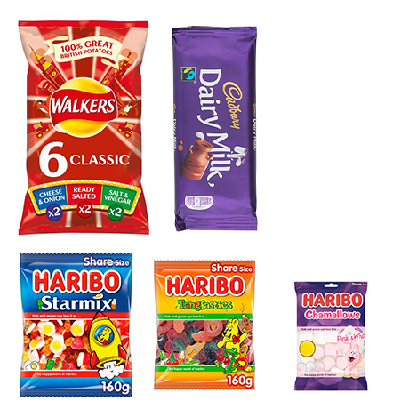 selection of haribo sweets, walkers crips and lareg chocolate bar