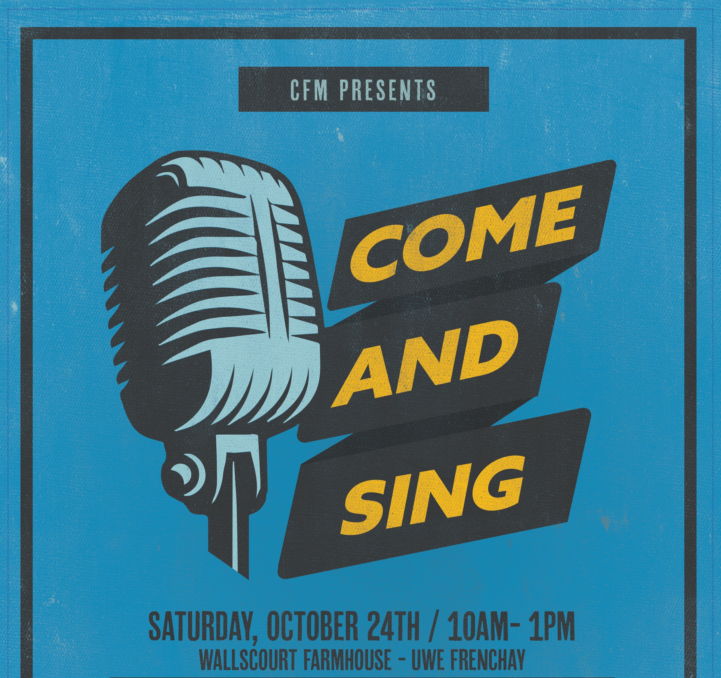 blue background with microphone and Come an Sing
