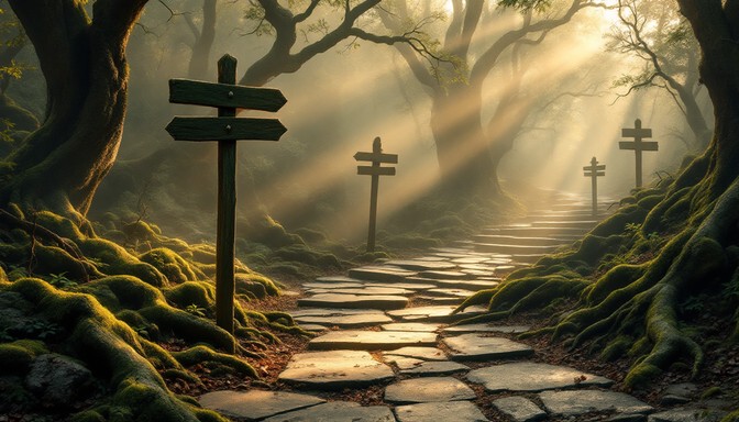 Mystical path in a forest with crossroads and light shining down through trees