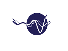 Circular navy blue logo with blue and white lines