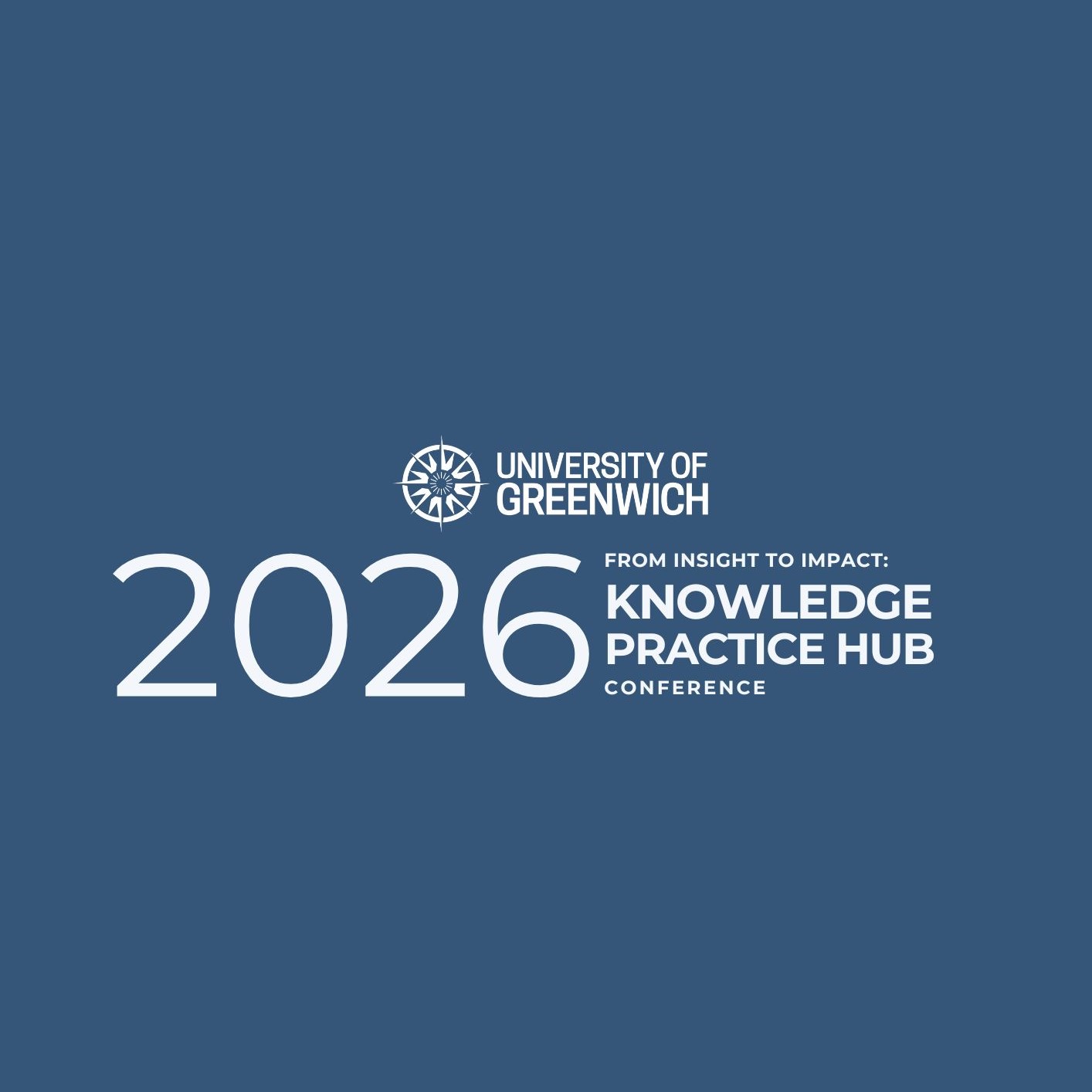 White logo with '2026 from insight to impact: knowledge practice hub conference' on blue background