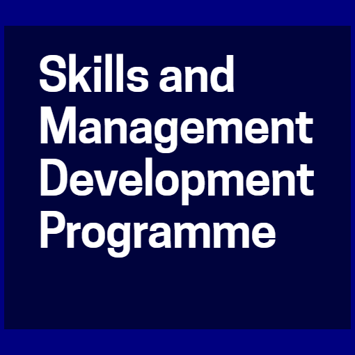 Skill and management development programme in white writing on navy background