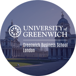 Faculty of Business logo with Greenwich campus background in Blue