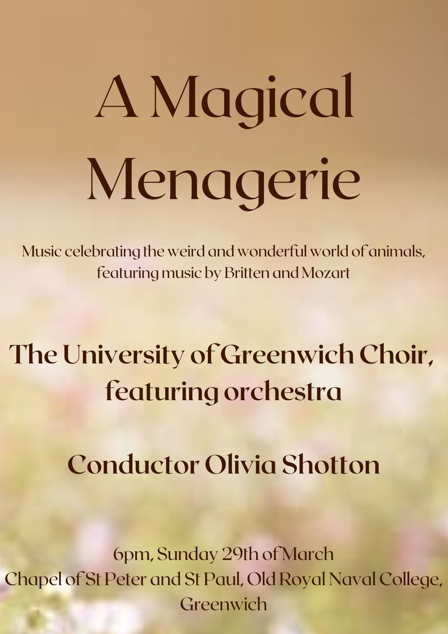 Poster with event details on a gold background over blurred flowers