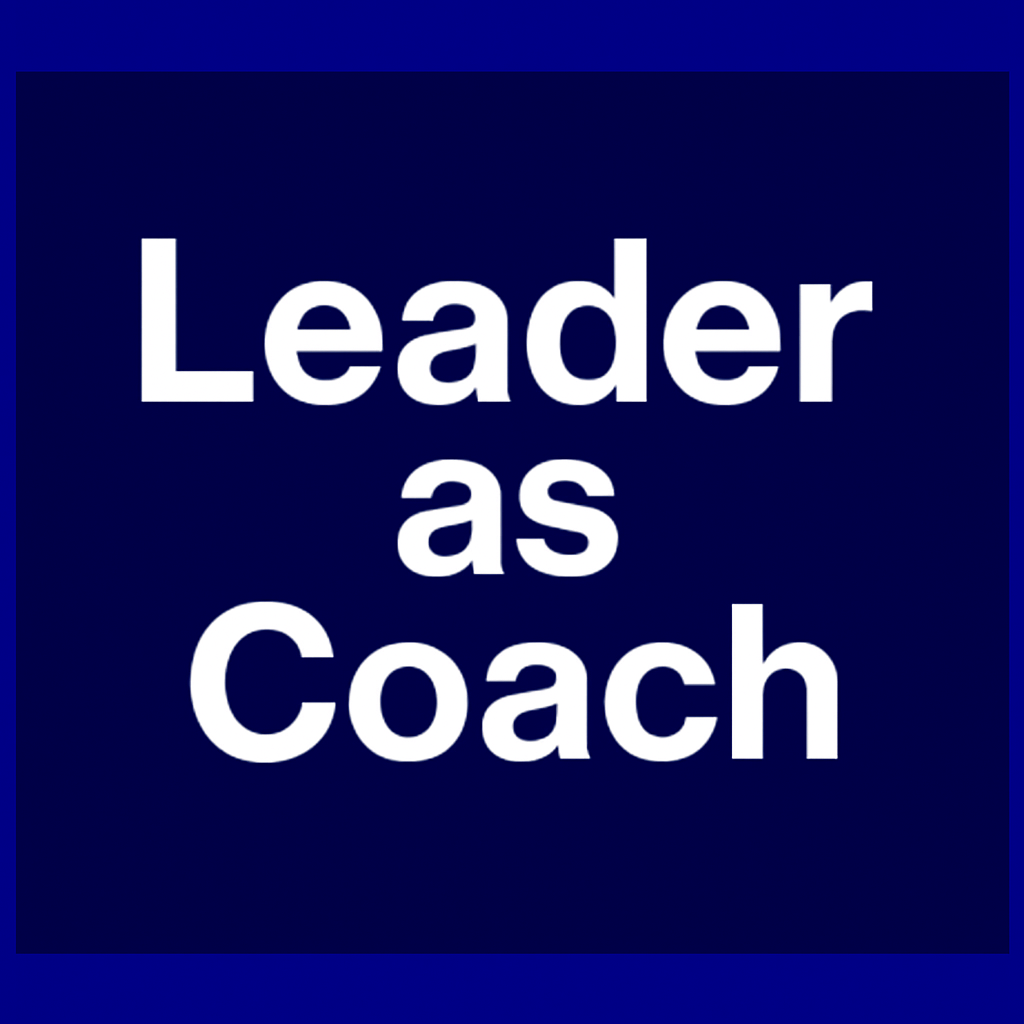 white 'leader as coach' text on navy background