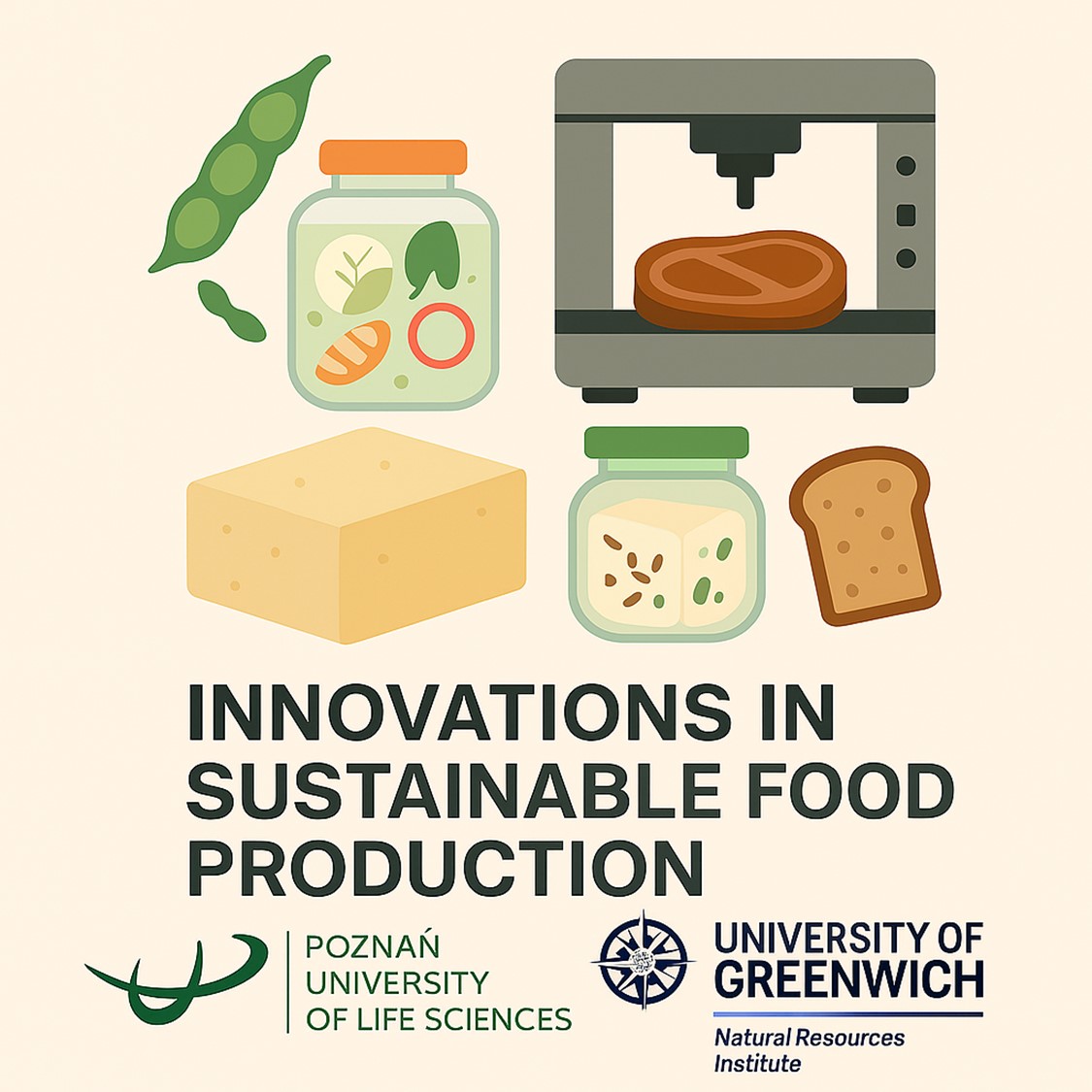 'Innovations in sustainable food production' with images of jarred food, steak, toast and cheese