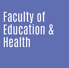 Blue square with Faculty of Education & Health words in white