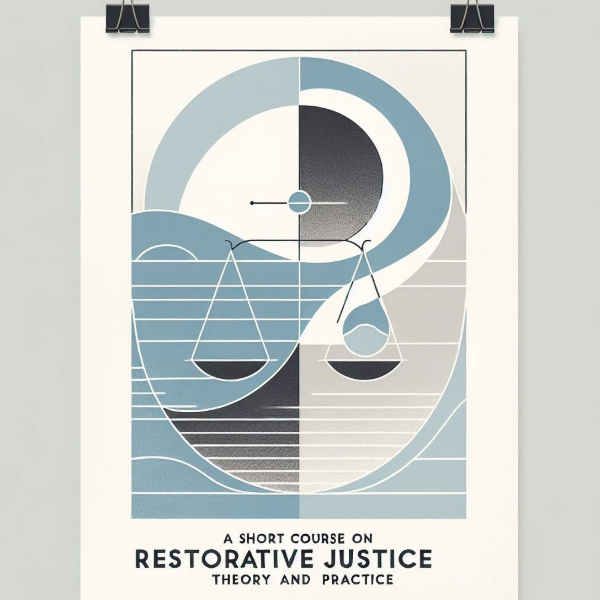 Abstract image of scale with 'a short course on restorative justice theory and practice' caption