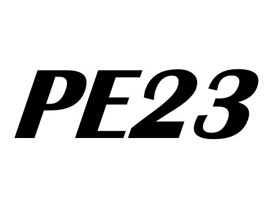 Black PE23 logo on a white background