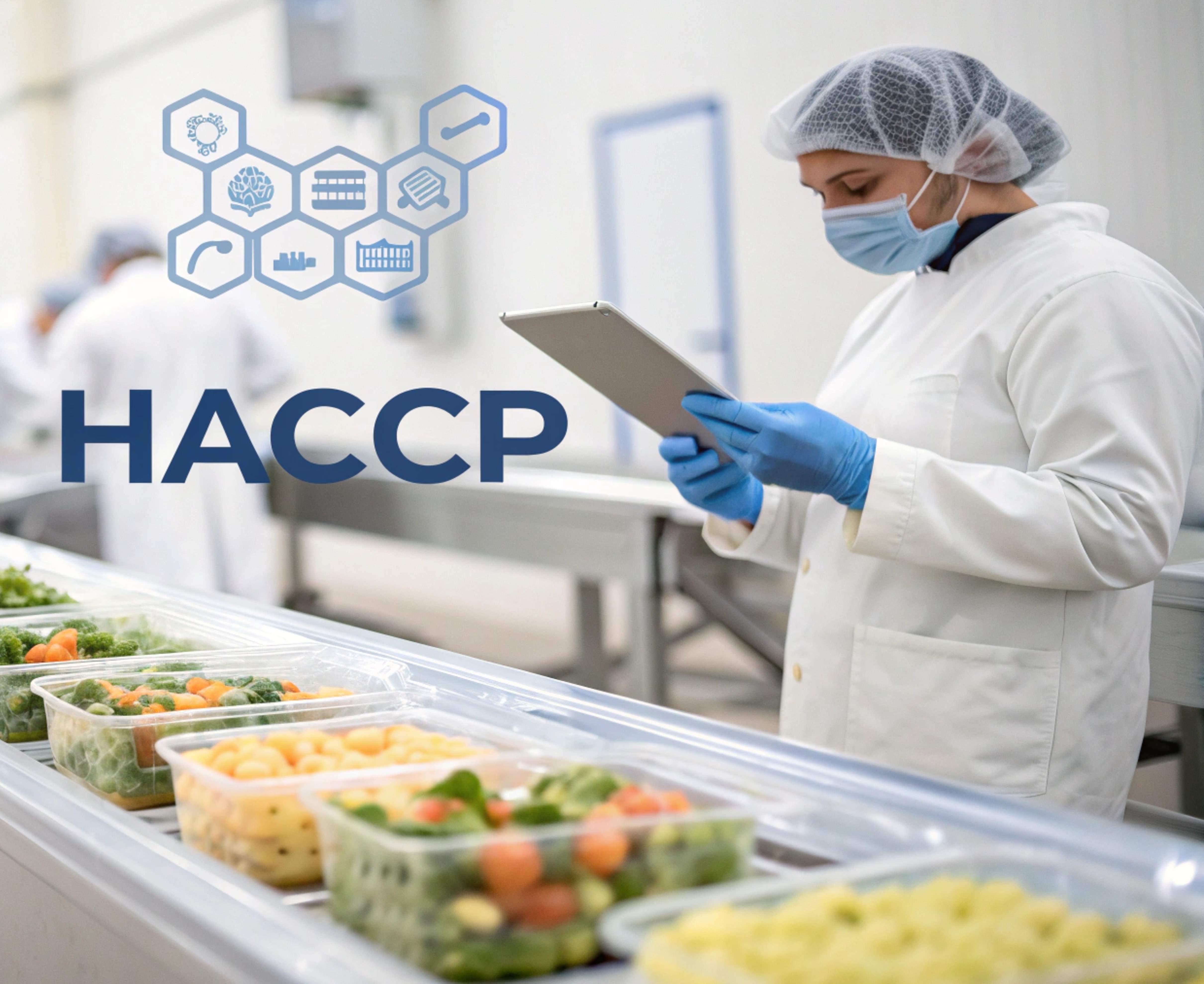 HACCP with person in lab coat reading clipboard next to food containers